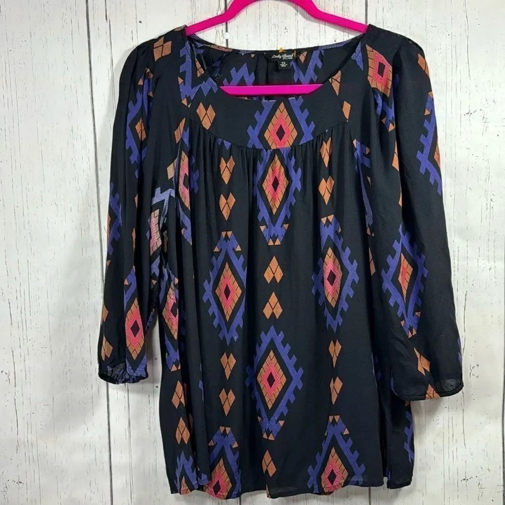 Lucky Brand Black Aztec Print Peasant Blouse 1X Boho Southwestern Tunic Festival
